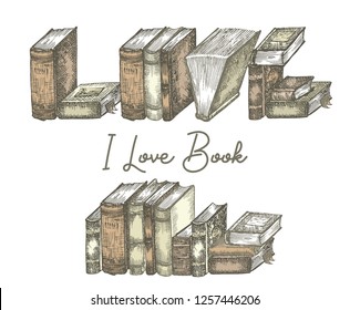 Banner with hand drawing sketch books isolated on white and text I love book. Concept vintage design for fair or festival flyer, bookshop advertising in engraving style Vector illustration