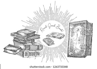 Banner with hand drawing sketch books. Concept vintage design for fair or festival flyer, paper, school library retro poster, bookshop advertising in engraving style Vector illustration