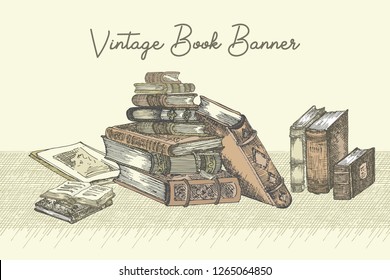 Banner with hand drawing sketch books. Concept vintage design for fair or festival flyer, paper, school library retro poster, bookshop advertising in engraving style Vector illustration
