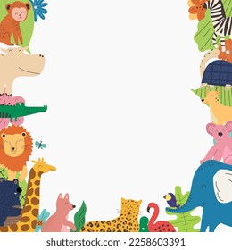 Banner with hand drawn colorful animals and empty space. Cute kids style template for design and education. Flat design vector illustration