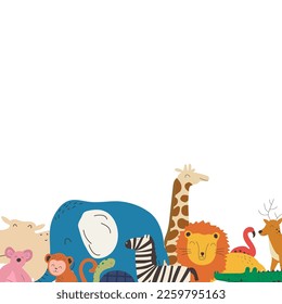 Banner with hand drawn colorful animals and empty space. Cute kids style template for design and education. Flat design vector illustration