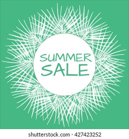  Banner with hand drawn fern leaves with sign SUMMER SALE in round template. Vector stock illustration. Palm leaves on green background.