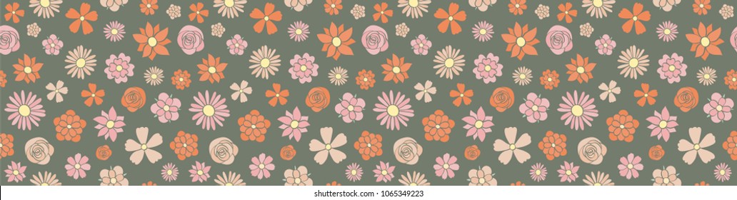 Banner with hand drawn flowers - panoramic header. Vector.