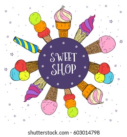 Banner with hand drawn ice cream with waffle and big ice cream balls. Vector stock illustration. Sweet shop collection. Frozen yogurt. Background with stars.