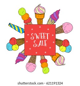 Banner with hand drawn ice cream with waffle and big ice cream ball. Vector stock illustration. SWEET SALE. 