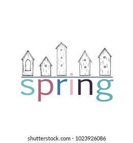 banner with hand drawn ink birdhouses and text in color