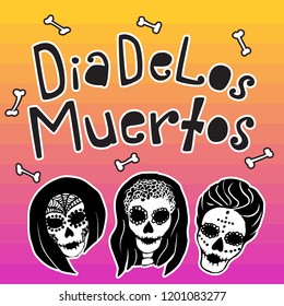 A banner with a hand drawn lettering and women sugar skull avatar stickers on the colorful background dedicated to traditional mexican holiday Dia De Los Muertos