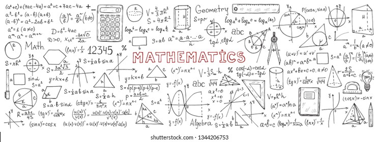 Banner with hand drawn mathematics formules and other elemets. Science collection. Vector doolle illustration