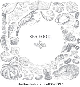 Banner with hand drawn Sea Food and lemons, vector illustration in vintage style on white background.