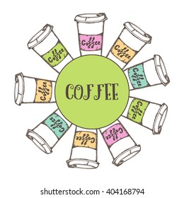 Banner with Hand drawn set of cup of coffee. Coffee to go in paper cup colored in yellow, pink, green. Vector stock illustration. Doodle style. Coffee icon in round template. Sketch of coffee mug