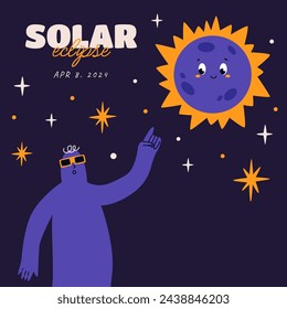 Banner with hand drawn silhouette of human pointing to solar eclipse. Man in solar eclipse glasses. Abstract modern fashion vector illustration.