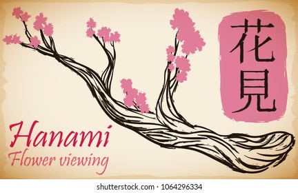 Banner in hand drawn style and brushstroke of cherry branch with some pink petals bloomed for Hanami (meaning "flower viewing", written in Japanese) Festival.