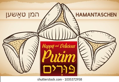 Banner in hand drawn style with delicious Hamantaschen (written in Yiddish): a traditional Jewish delicatessen for Purim (written in Hebrew) celebration.