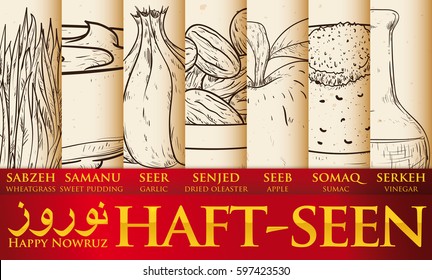 Banner in hand drawn style with red ribbon and traditional elements for tabletop in Nowruz (written in Persian) celebration: wheatgrass, sweet pudding, garlic, dried fruits, apple, sumac and vinegar.