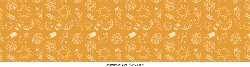 Banner with hand drawn summer icons and copyspace. Vector.