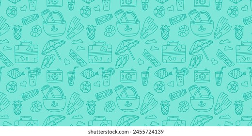 Banner with hand drawn summer icons and copyspace. Summer repetitive, seamless pattern on bright blue background