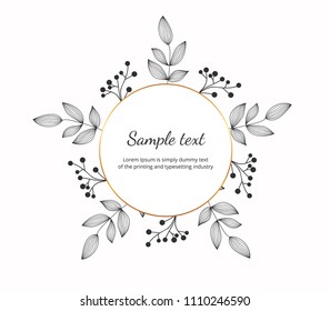 Banner with hand drawn wreath, contour lines leaves. Floral frame for wedding, invitation and holiday. Decorative elements for design, isolated on white background. Vector illustration.
