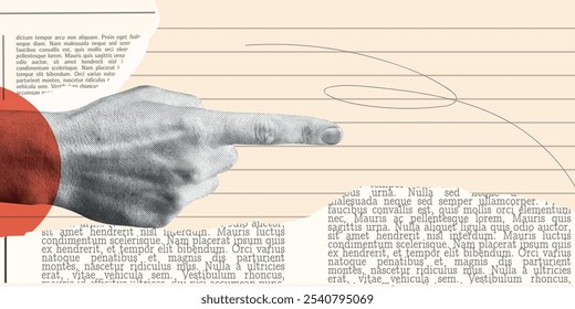 Banner with hand, halftone collage elements for scrapbook, web site. Trendy retro vintage paper cut for business. Old rip torn paper collection. Craft retro gazettes. Investments vector illustration.