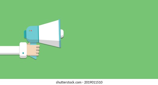 Banner with a hand holding a loudspeaker. Empty space for text