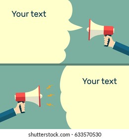 banner hand is holding loudspeaker, megaphone sound promotion, vector flat illustration