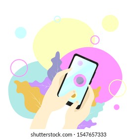 Banner with hand holding smartphone and abstract elements. Concept for social networks, advertising. Colorful vector illustration in flat cartoon style.