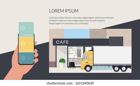 Banner with hand holding smartphone and delivery truck near cafe.