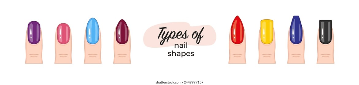 Un Anuncio con una mano con uñas y las palabras tipos de Formas de uñas. Las uñas están pintadas en diferentes colores-01