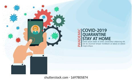 banner, presiona a mano el botón de llamada en el teléfono, contra el fondo de moléculas COVID-2019, virus 2019-nCoV, ilustración vectorial plana