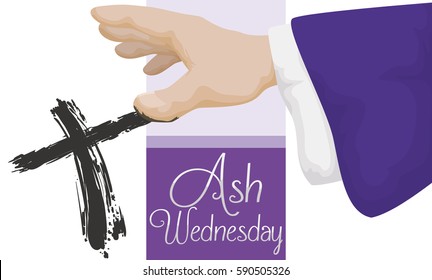 Banner With The Hand Of Priest Doing The Cross Signal In Ash Wednesday Celebration.