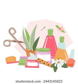 Banner with hand skincare products with different types of creams, lotions, and treatment tools, flat vector illustration isolated on white. Natural skincare products for hands banner or label.