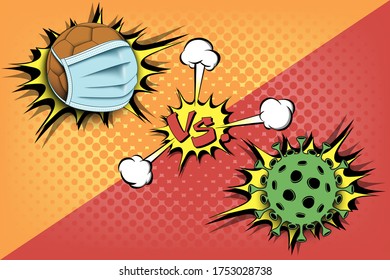 Banner handball vs covid-19. Handball ball with a protection mask against coronavirus sign. Cancellation of sports tournaments. The worldwide fight against the pandemic. Vector illustration