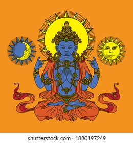 Banner with hand-drawn Krishna, Sun and Moon on an orange background. Decorative vector illustration of a seated Krishna meditating in the lotus position. Supreme God in the religion of Krishnaism