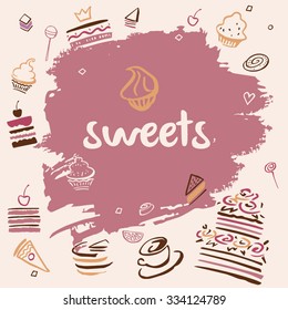 Banner hand-drawn sweets. Confectionery background for shop, cafe.