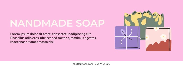 Anuncio de barra de jabón hecho a mano. Plantilla con diferentes cosméticos naturales florales, herbales, de aroma para baño y cuerpo. Perfecto para marcas ecológicas, fabricación de jabón, promociones de tiendas. Ilustración vectorial