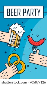 Banner with hands, beer mug, sausage and brezn. Octoberfest beer festival card. Thin line flat design. Vector.