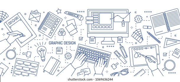 Banner with hands of designer working in digital editor or drawing on tablet, stationery and art tools drawn with blue lines on white background. Graphic design. Vector illustration in lineart style.