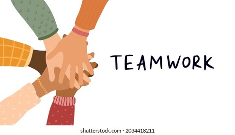 Banner with hands of different skin tone. Teamwork. United community. Vector illustration. Flat vector illustration.