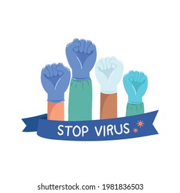 Banner hands fight for stop virus and save the life for people.