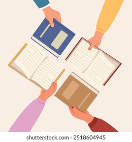 Banner hands holding books. Concept of reading and literature. Education and knowledge vector concept.