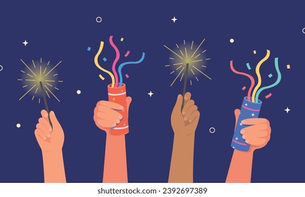 Banner hands holding firework, Firecracker explodes with ribbon explode for surprise, winner, new year party.