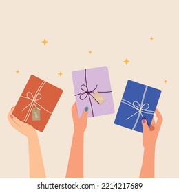 banner hands holding gift boxes, Happy new year party. Female hands with beautiful gift box.