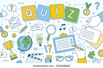 Banner with hands of people solving puzzle or riddle, playing intellectual game, taking part in quiz tournament, challenging their mind. Colorful vector illustration in modern line art style.