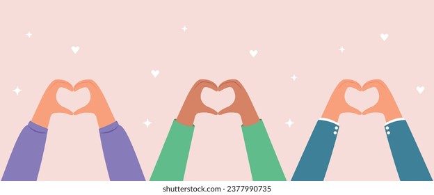 Banner hands raised up with shape of heart. Hands shape of heart together. Care, support concept. Love concept.