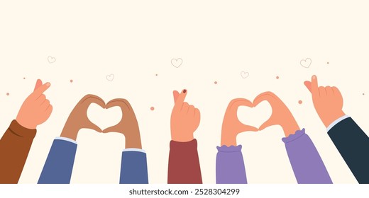 Banner hands raised up with shape of heart. Hands shape of heart together. Care, support concept.