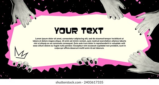 Banner with hands in retro collage style with halftone. Female hands tearing paper, space for text, advertising, notification.