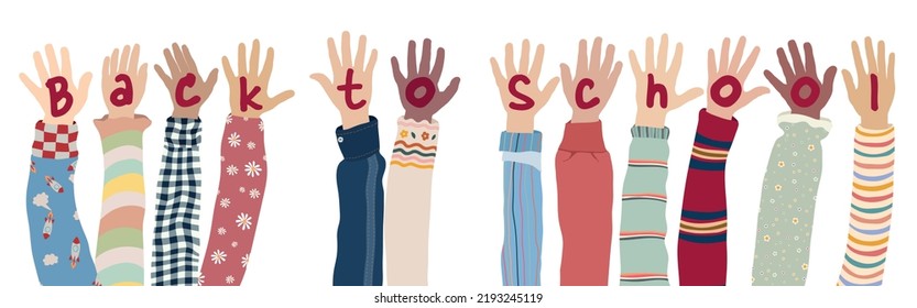 Cartel con niños entregados con texto -De vuelta a la escuela- Niños felices y alegres multiculturales de diversas etnias. Concepto de estudio y aprendizaje de la educación. Inclusión. Copiar espacio. Aislado