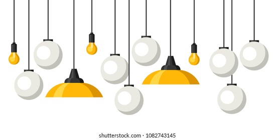 Banner with hanging chandeliers, lamps and lighting fixtures.