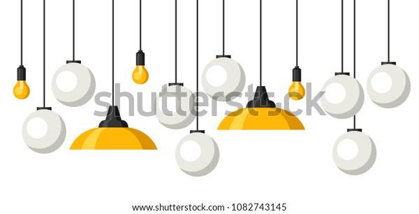 Banner with hanging chandeliers, lamps and\
lighting fixtures.