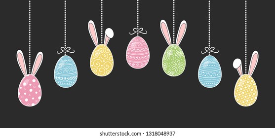 Banner with hanging Easter eggs with funny bunny ears. Vector