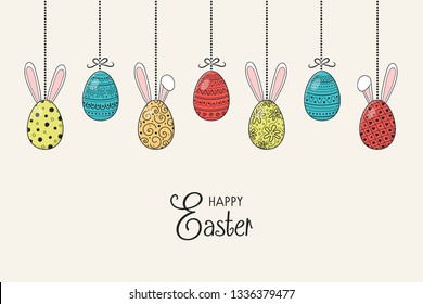 Banner with hanging Easter eggs with funny bunny ears and wishes. Vector
